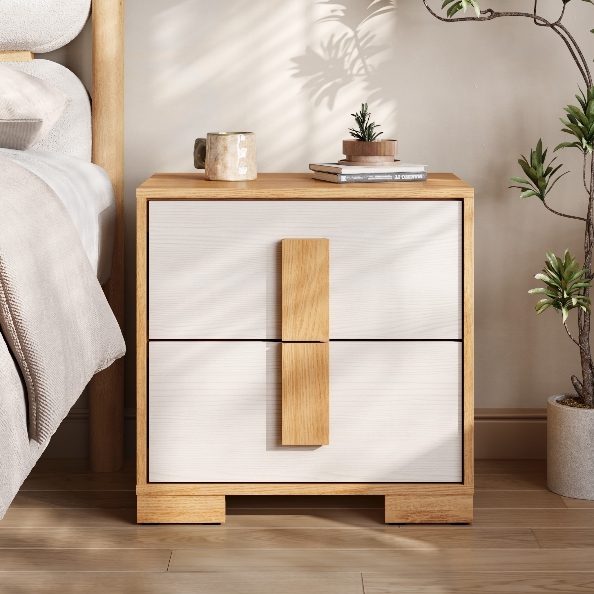 White and natural wood nightstand discount
