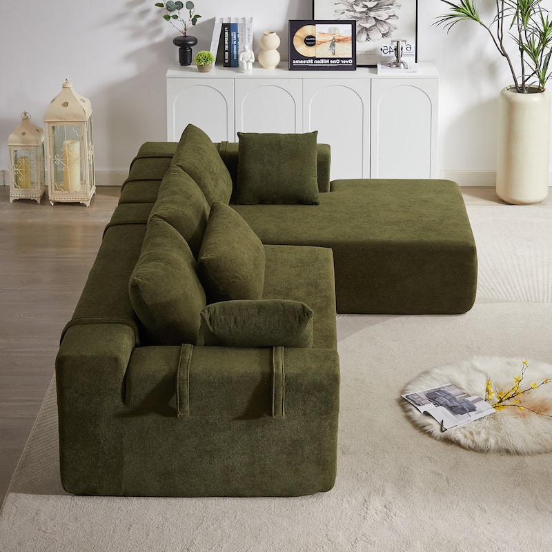 108" Chenille L-Shaped Modular Sectional Sofa with 6 Pillows