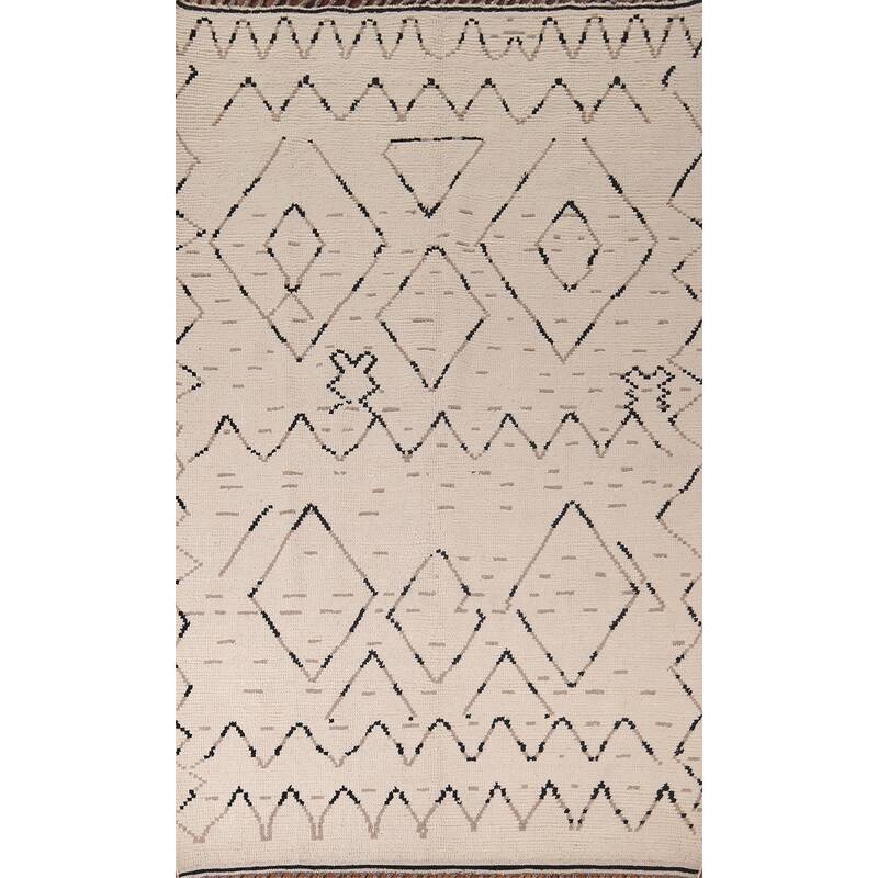 All-Over Ivory Moroccan Area Rug Handmade Wool Carpet - 6'1"x 9'11"