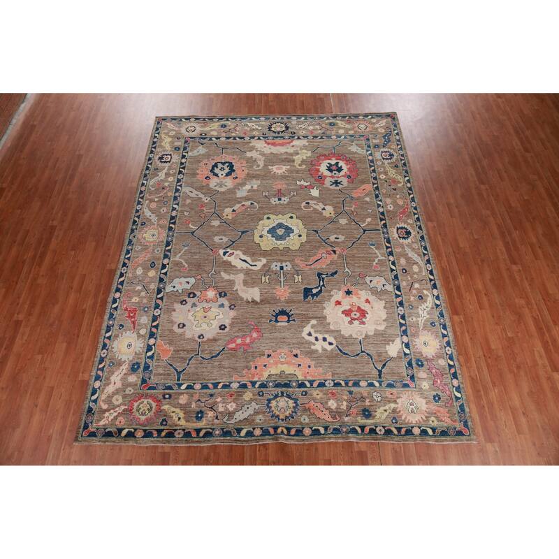 Hand Knotted Oriental 100% Wool Carpet Transitional All-Over Brown Oushak Area Rug - 11' 9'' X 9' 2''