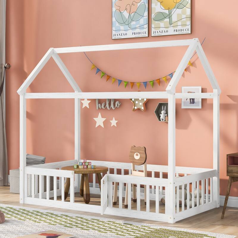 Pine Wood House Bed with Fence, Door, and Solid Construction