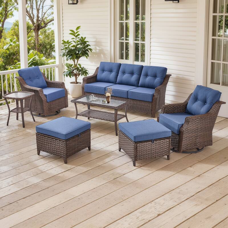 Gymojoy Wicker Patio Furniture Sofa Set, 6-Inch Ultra Thick Cushioned 360°Swivel Glider Chairs & Sofa Set