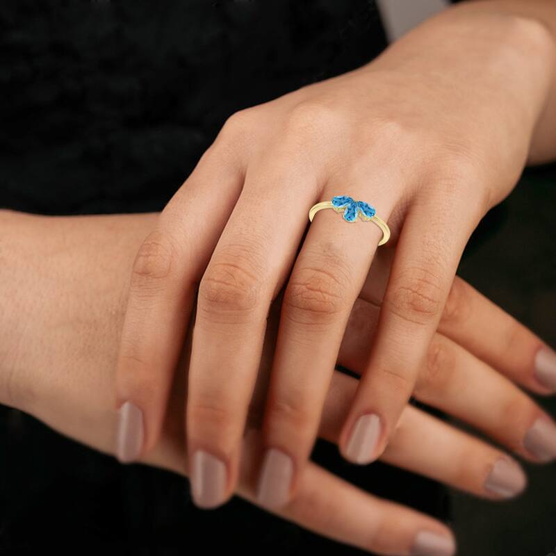 Marquee Jewels Blue Topaz Pear Shape Three Stone Ring in 10K Yellow Gold