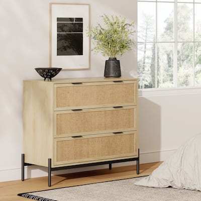 Andrew 3-Drawer Rattan Dresser or Bohemian Living Room Storage Cabinet with Natural Rattan Accent and Metal Legs