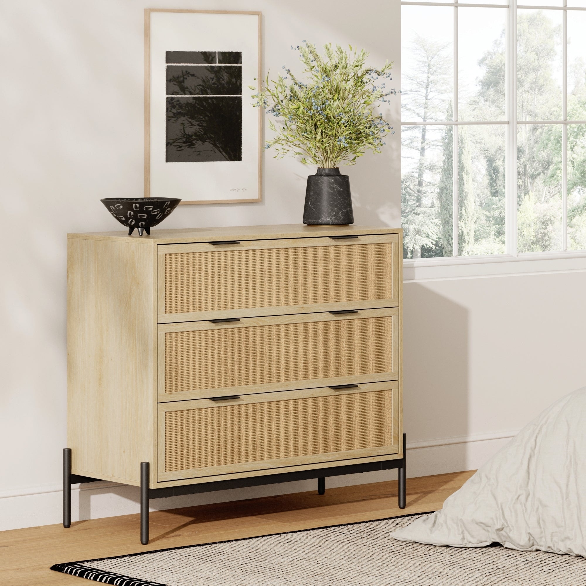 Andrew 3-Drawer Rattan Dresser or Bohemian Living Room Storage Cabinet with Natural Rattan Accent and Metal Legs