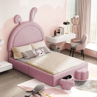 Full size Cartoon Rabbit Upholstered Platform Bed with 2 Storage Stools