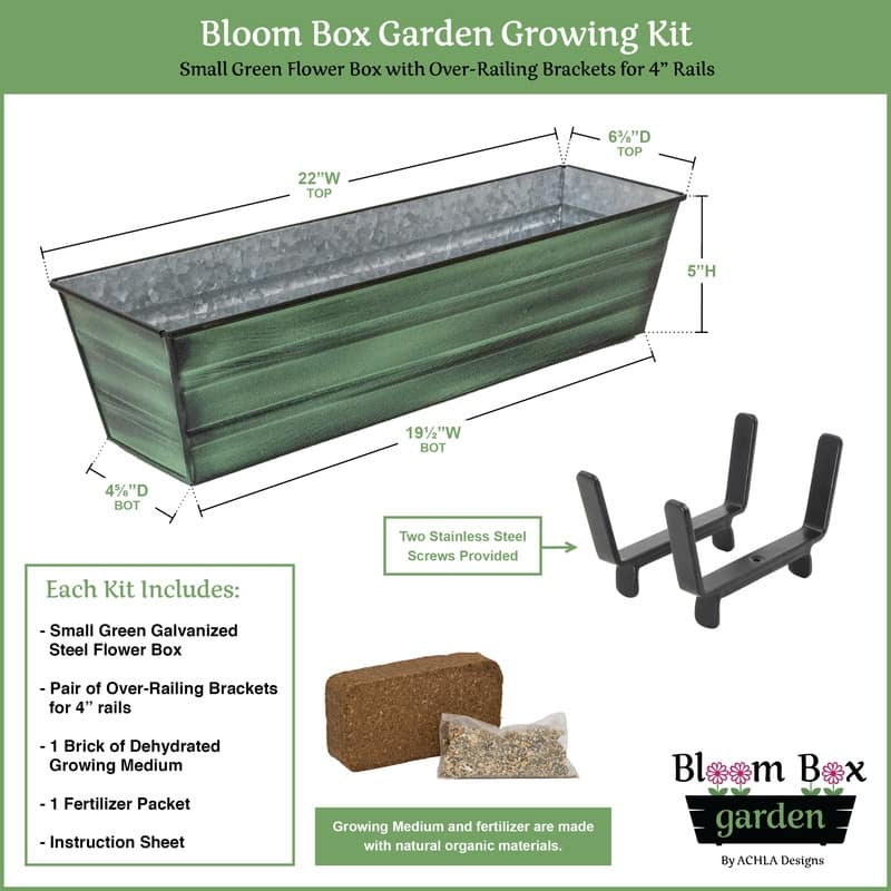 Achla Designs 22"W Galvanized Steel/Wrought Iron Bloom Box Garden Growing Kit With Brackets for 2 x 4 Railings