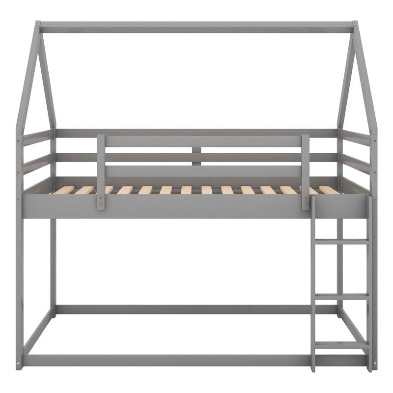 Low Bunk House Bed with Ladder, Twin over Twin, Gray