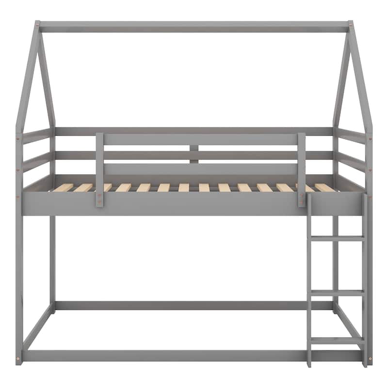 Roomfitters Twin over Twin Low Bunk House Bed with Ladder, Sturdy Frame and Space Saving Design