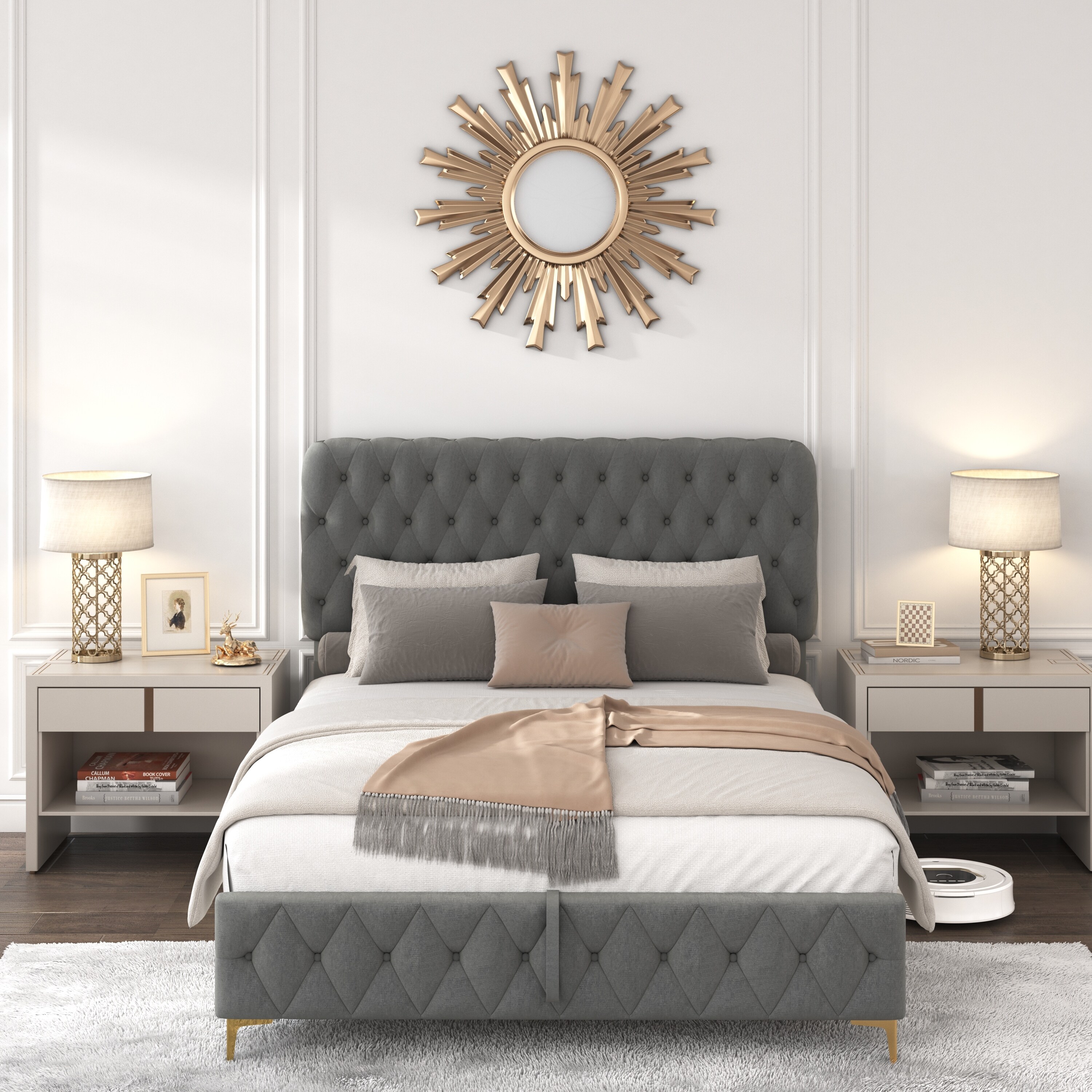 Oversized tufted store bed frame