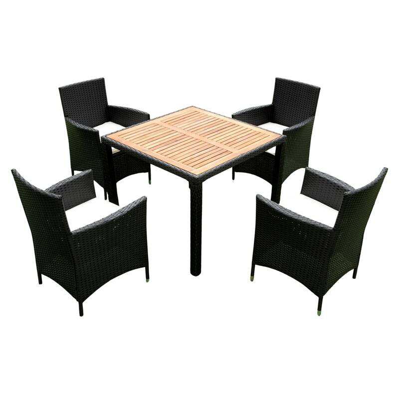 5 Piece Outdoor Patio Wicker Dining Set, Poolside Picnic Beer Coffee Table with 4 Removable Cushions Wicker Arm Chairs