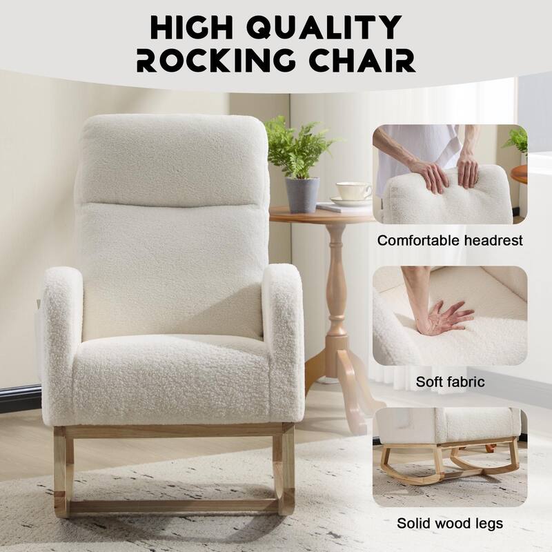 Anmytek Modern Nursery Glider Rocking Chair Solid Wood Legs High Backrest Side Pocket for Living Room Lounge