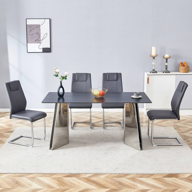 Modern Style Dining Rectangular Table Set with Stainless Steel Butterfly Legs and PU High Back Dining Chairs
