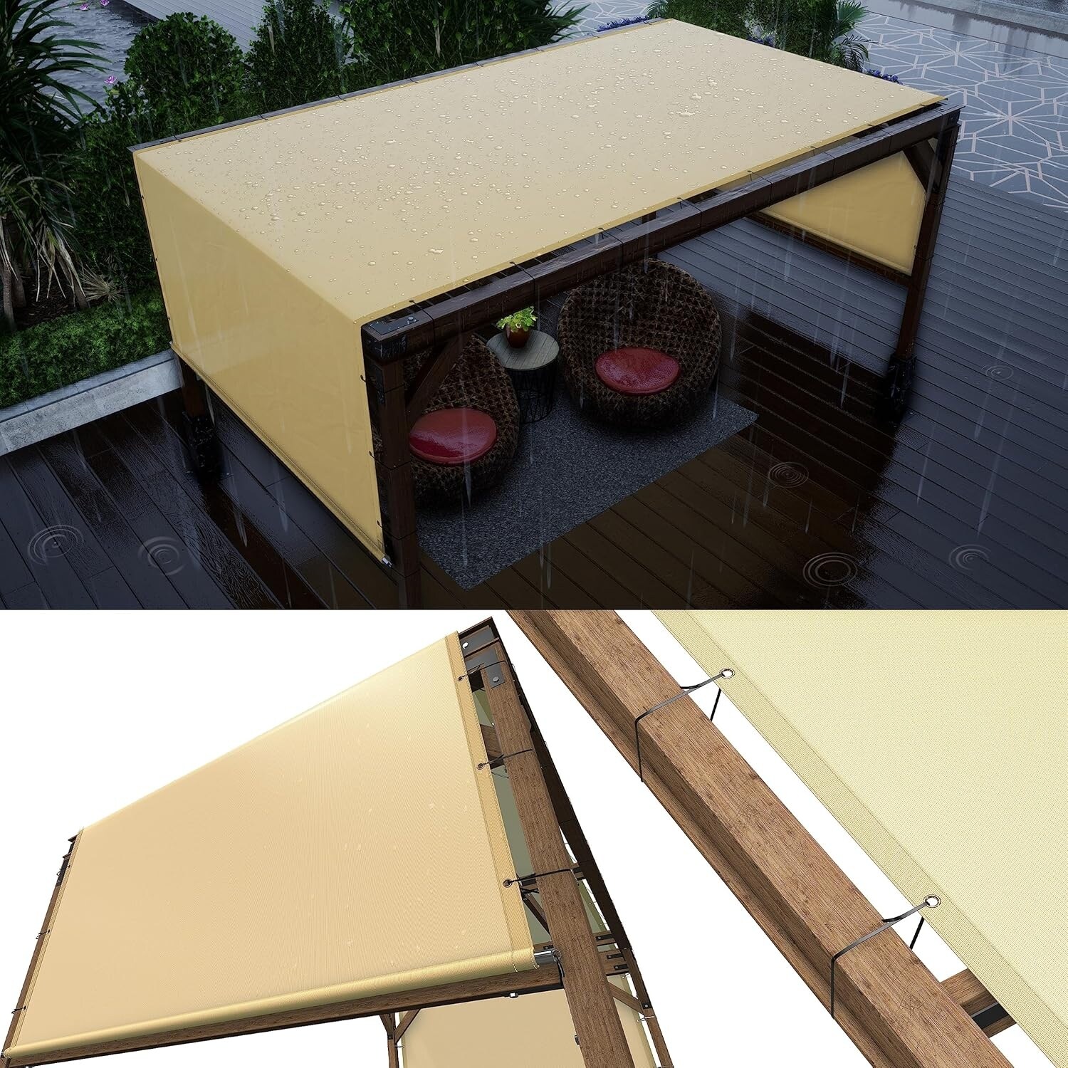 9' W x 21' L Beige Waterproof Pergola Sun Shade Canopy Replacement Cover with UV Protection and Stainless Steel Rods