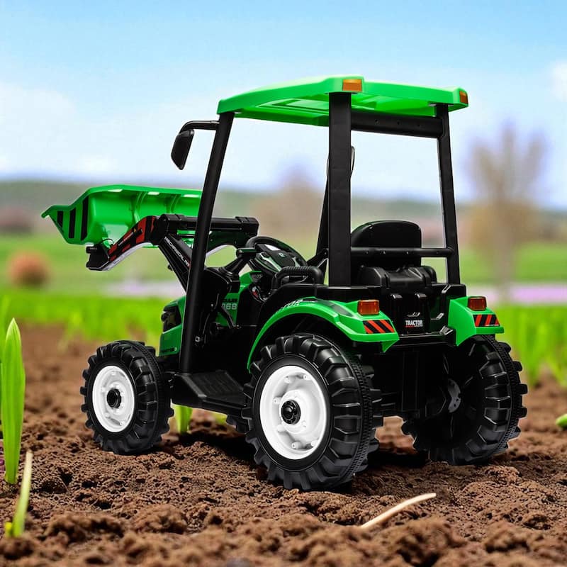 24V Kids Ride On Tractor with Remote Control, Electric Pedal Car with Trailer, Working Loader & Backhoe Digger