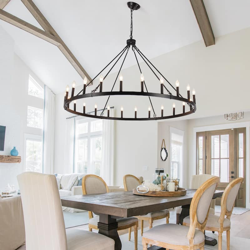 24 - Light 52in. Lagre Dimmable Wagon Wheel Chandelier Farmhouse Round Vintage Candle Style Light - N/A