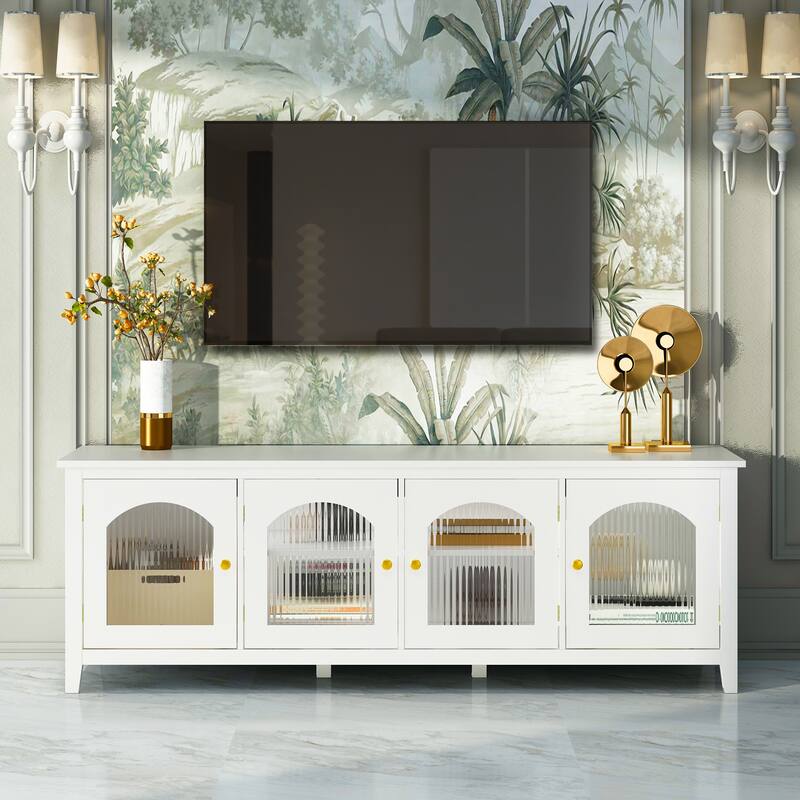 Modern TV Stand, Entertainment Center TV Stand with Solid Wood Frame and Rainbow Glass Door, for Living Room, Antique White