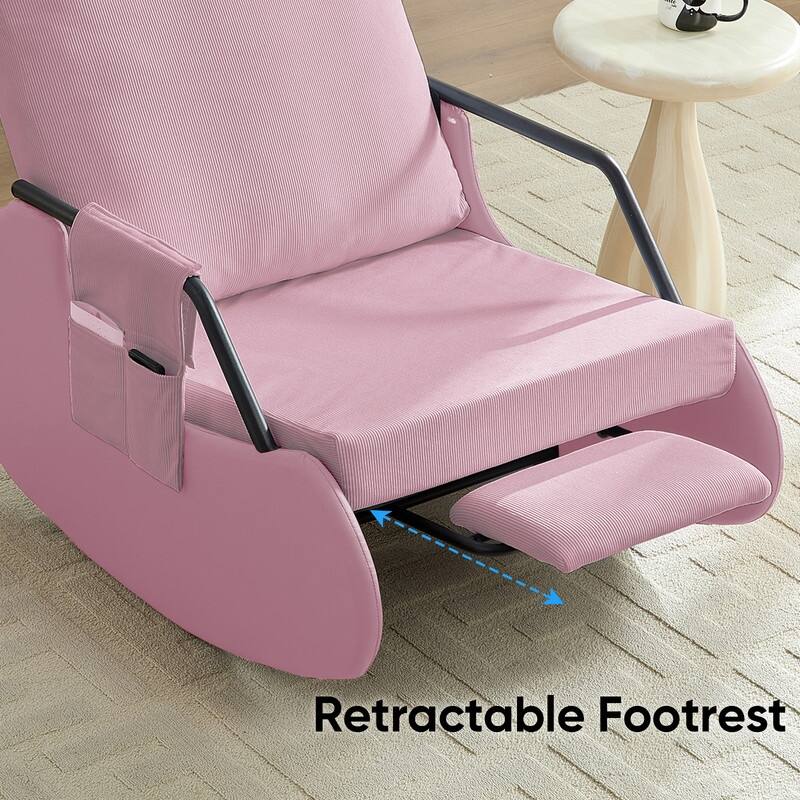 Mixoy Corduroy Upholstered Rocking Chair with Wooden Legs Wrapped in Leather,Adjustable Footrest