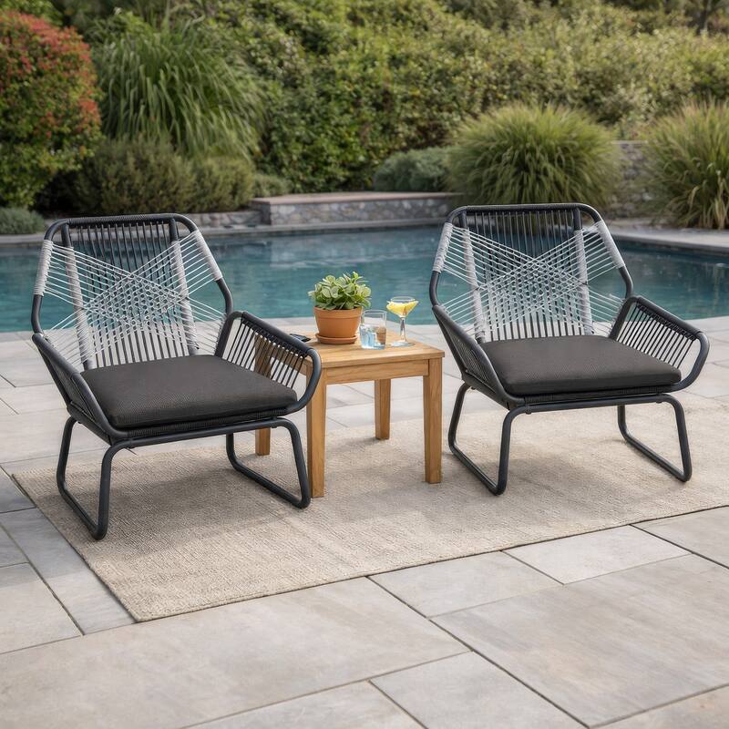 Ciao Accent Club Chair Set of 2, Outdoor Gray Cushions, Gray Rope and Steel