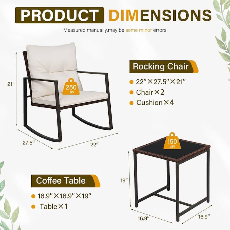 SUNCROWN 3-piece Outdoor Patio Brown/Black Wicker Rocking Chairs Conversation Bistro Set