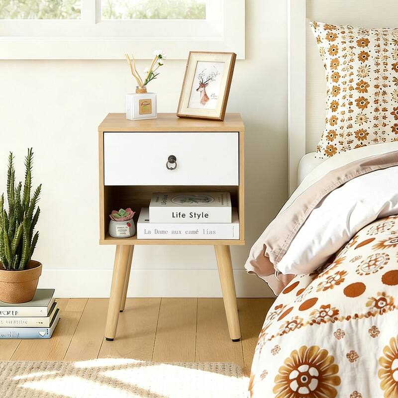 15.0" White & Oak Nightstand, P2 Particleboard & Solid Legs, Matte Melamine, Ring Handle, 1 Drawer