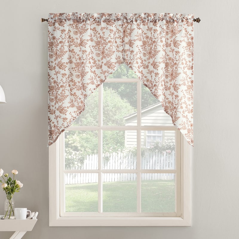 No. 918 Elara 2-Piece Tonal Botanical Semi-Sheer Rod Pocket Kitchen Curtain Swag Pair - 54" x 38" - Blush Pink