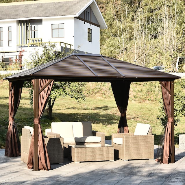 Outsunny 10' x12' Hardtop Gazebo with Aluminum Frame, Permanent Metal Roof Gazebo Canopy with 2 Hooks, Curtains and Netting - Brown