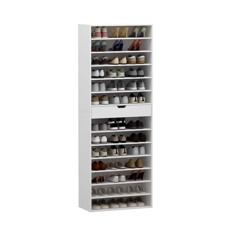 Tall White Shoe Cabinet with Adjustable Shelves, 14-Tier Narrow Shoe Rack Organizer with Drawer, Entryway