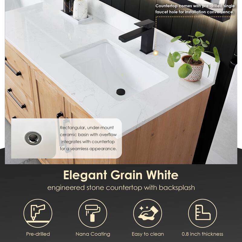 Cicero Single Bathroom Vanity in Light Brown with Grain White Engineered Stone Countertop without Mirror