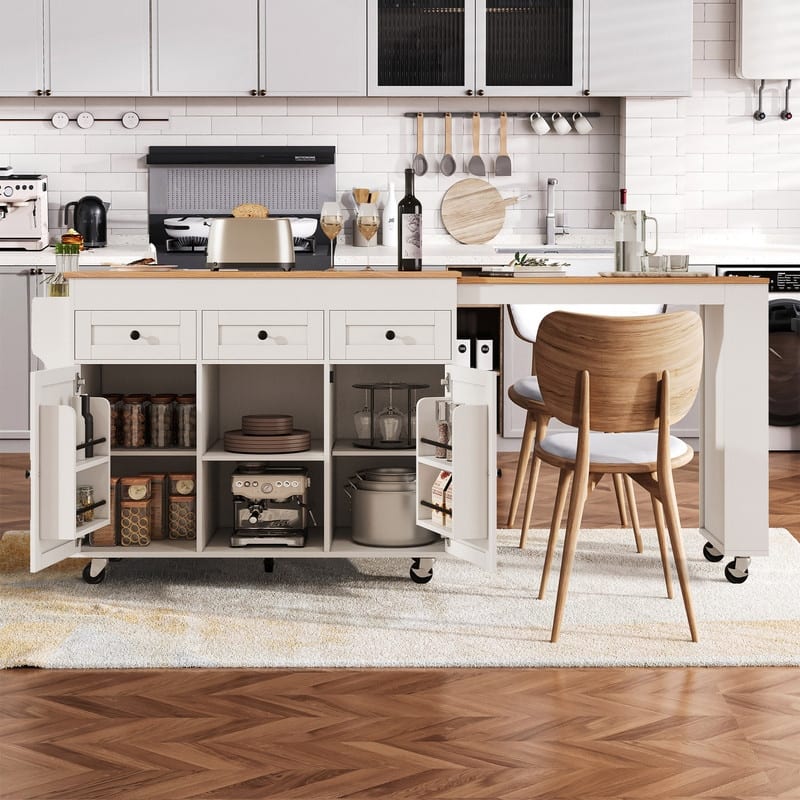 85.5" Kitchen Island with Extendable Dining Table, Rolling Kitchen Island with Sotrage Shelves, Drawers and Power Outlet