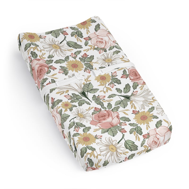 Sweet Jojo Designs Blush Pink Yellow Vintage Floral Boho Girl Changing Pad Cover Sheet White Bohemian Shabby Chic Farmhouse Rose