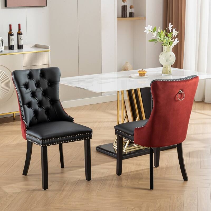 Modern Tufted PU&Velvet Upholstered Dining Chair with Nailhead Trim, Set of 2