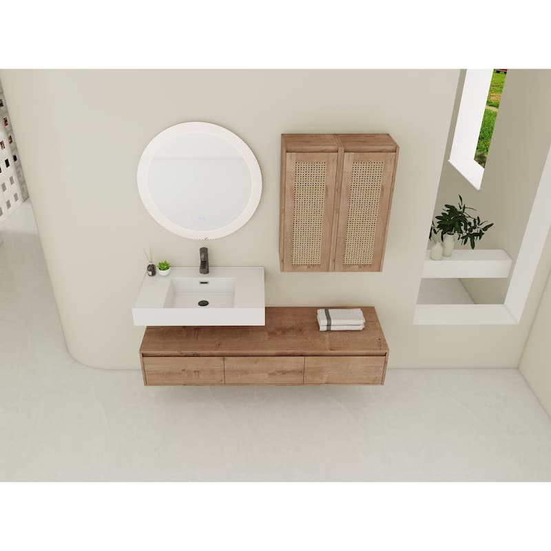 60 inch Wall-Mounted Bathroom Vanity with Resin Sink and 2-Side Cabinet, 3-Soft Close Drawer, Float Mounting Design