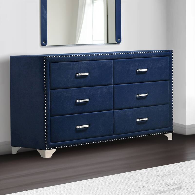 Cale 60 Inch Modern Glam Wood Dresser, 6 Drawer, Velvet, Nailhead, Blue