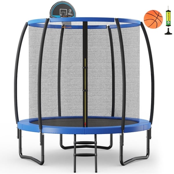 slide 2 of 5, 8 FT Recreational Trampoline W/ Basketball Hoop Safety Enclosure Net - 8 FT 8 FT