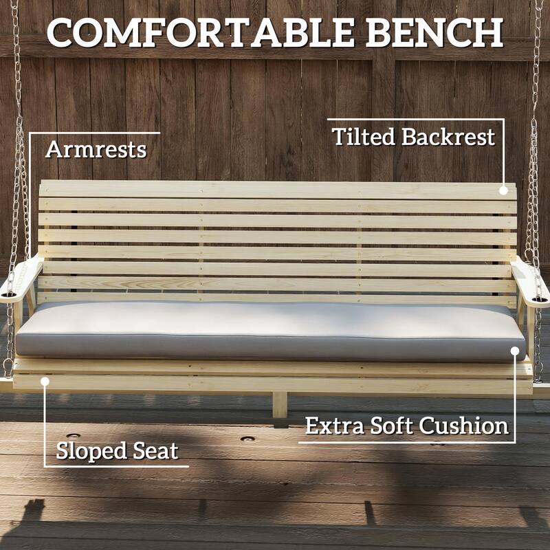 Outsunny 3 Seat Porch Swing with Stand, Wooden Patio Swing Chair with Cushion, Side Trays and Metal Chains