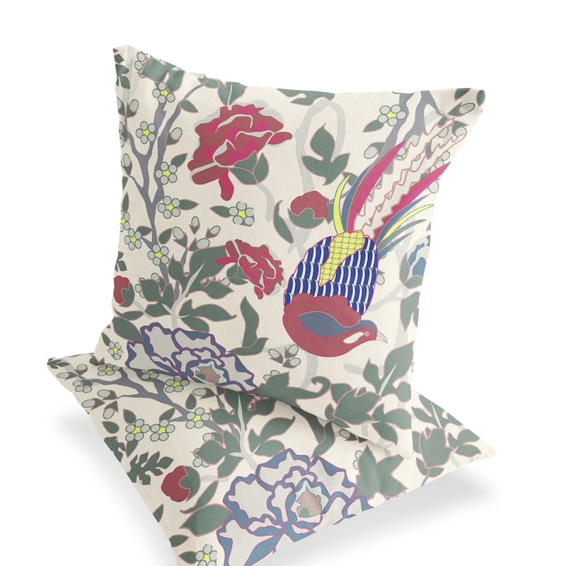 HomeRoots Set of Two 16" X 16" Red and White Peacock Blown Seam Floral Indoor Outdoor Throw Pillow - 16.00' X '16.00' X '5.00 - Red/White - 16.00' X '16.00' X '5.00