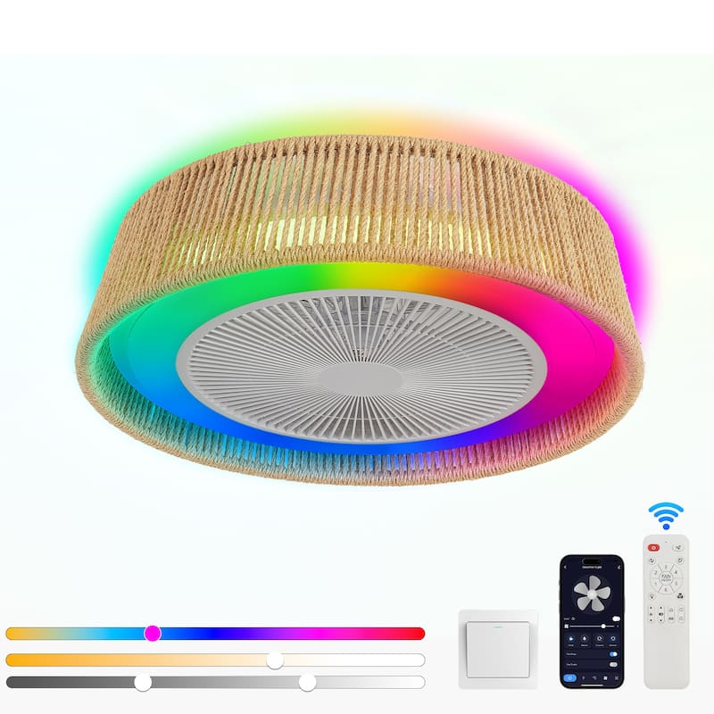 21" Modern Rustic Ceiling Fan Light with LED RGB Mood Lighting, Rope Woven Design, Quiet Fan, Semi Flush Mount - White