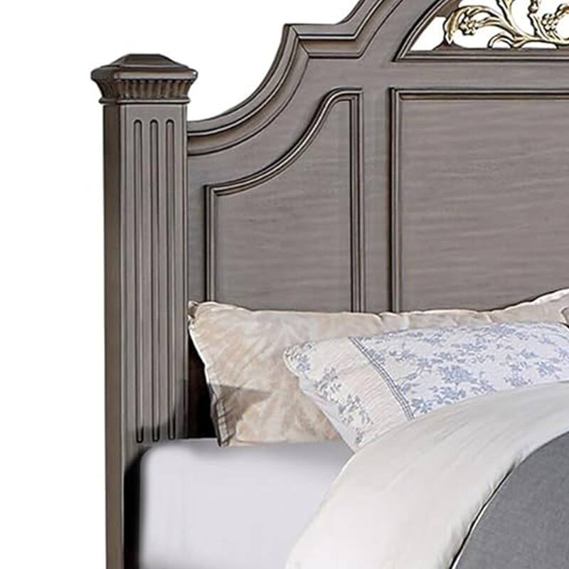 Recus California King Bed, Carved Floral Details, Arched Headboard, Gray