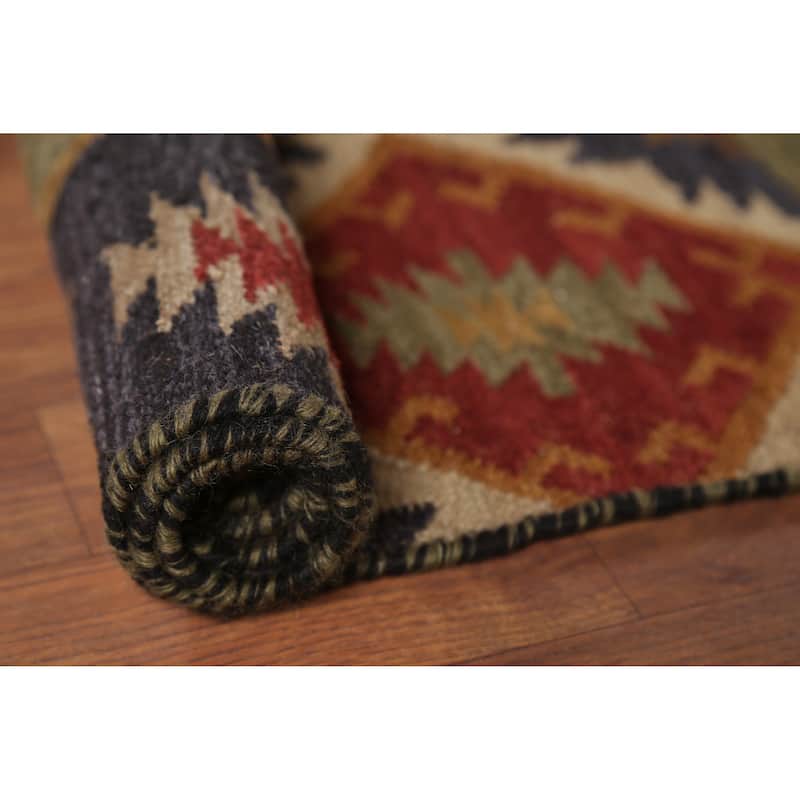 All-Over Geometric Kilim Indian Area Rug Hand-Woven Wool Carpet - 7'8"x 9'10"