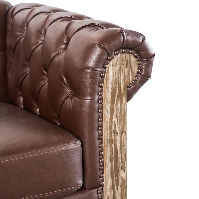 Comfy Retro Dark Brown PU Sectional Sofa with Wooden Legs, 104x104x28 inches, 233 lbs for Living Room