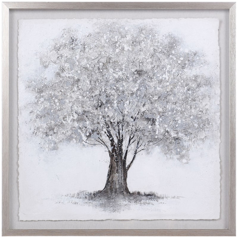 Silver Foliage - Shadow Box Wall Art With Foil On Rice Paper - Gray Wash Frame - 28 x 28
