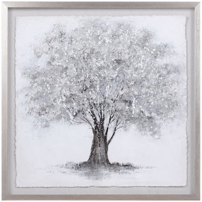 Silver Foliage - Shadow Box Wall Art With Foil On Rice Paper - Gray Wash Frame
