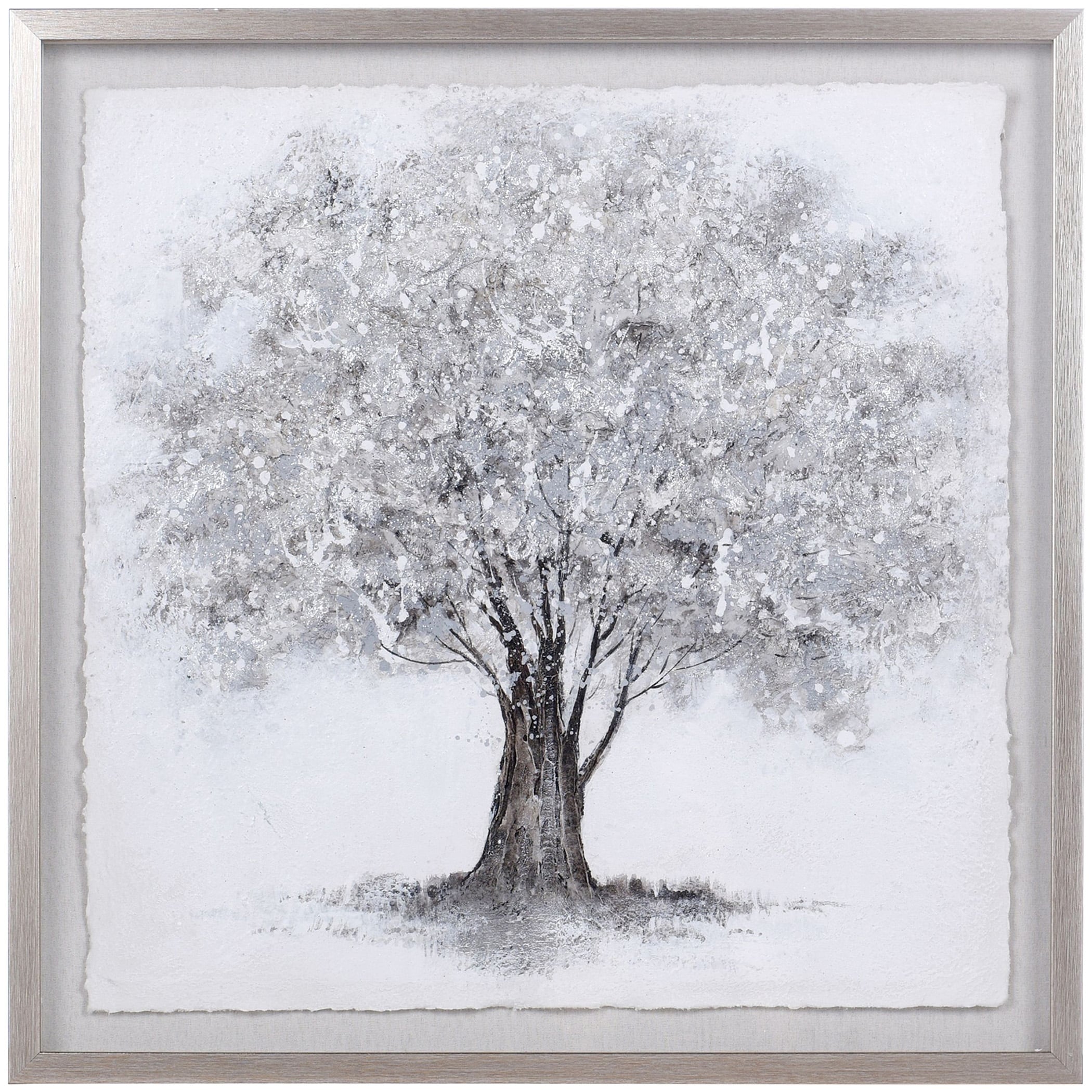Silver Foliage - Shadow Box Wall Art With Foil On Rice Paper - Gray Wash Frame
