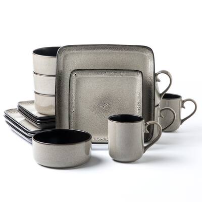 Square Stoneware 16pc Dinnerware Set for 4, Dinner Plates, Side Plates, Cereal Bowls, Mugs