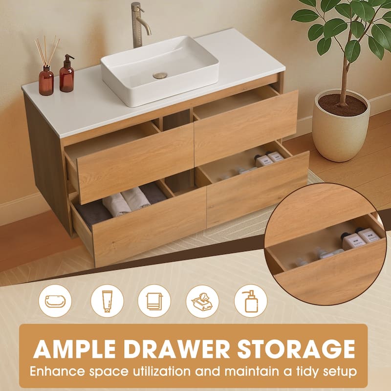 48" Floating Bathroom Vanity Quartz Counter Top with Ceramic Vessel Sink