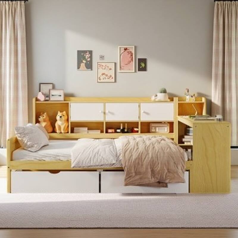 Full Size L-Shaped Daybed with Desk, Bookshelf, Cabinets & Drawers, Multi-Functional Wood Bed with Storage for Kids or Teens - Full Natural+White - Full