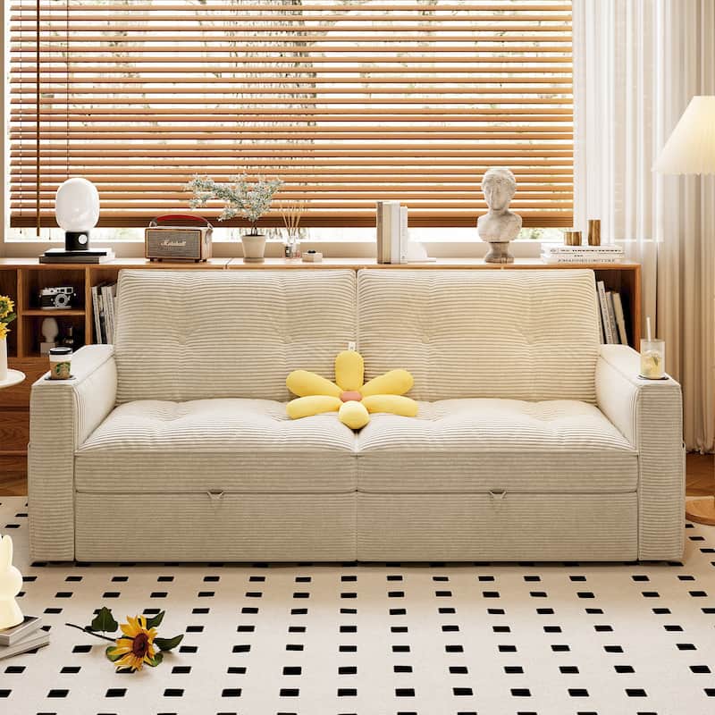 Multi-Functional Corduroy Loveseat Couch Convertible Sleeper Sofa Bed with Cup Holders and Side Pockets for Sitting, Sleeping