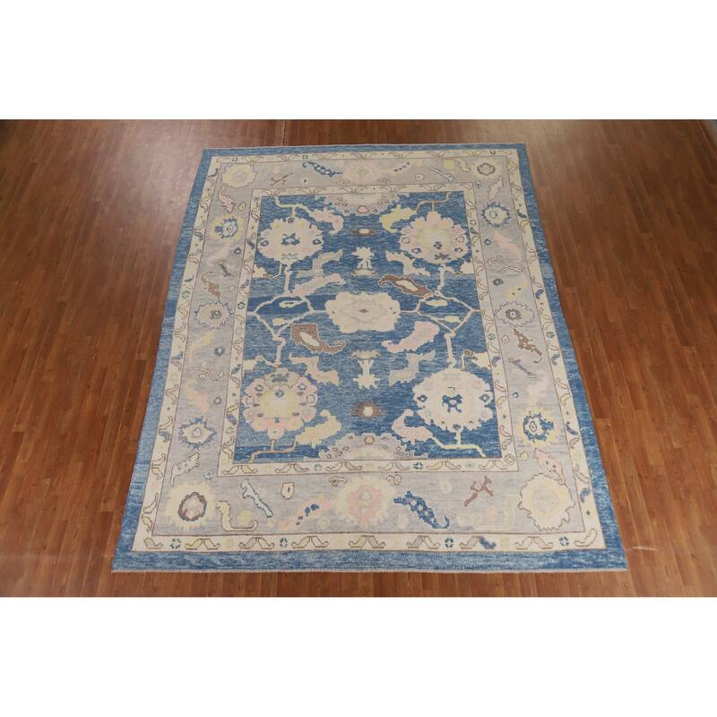 Hand Knotted Oriental 100% Wool Carpet Transitional All-Over Navy Blue & Blues Oushak Area Rug - 11' 2'' X 8' 11''