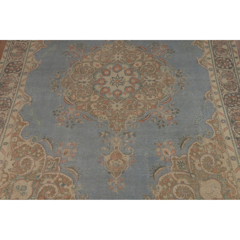Blue Tabriz Persian Area Rug Hand-Knotted Medallion Wool Carpet - 9'3"x 12'4"